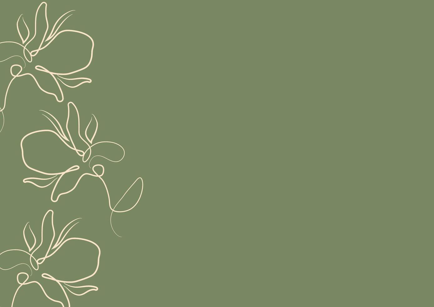 green poster with flowers, namely with a branch with magnolia blossom in line art style vector