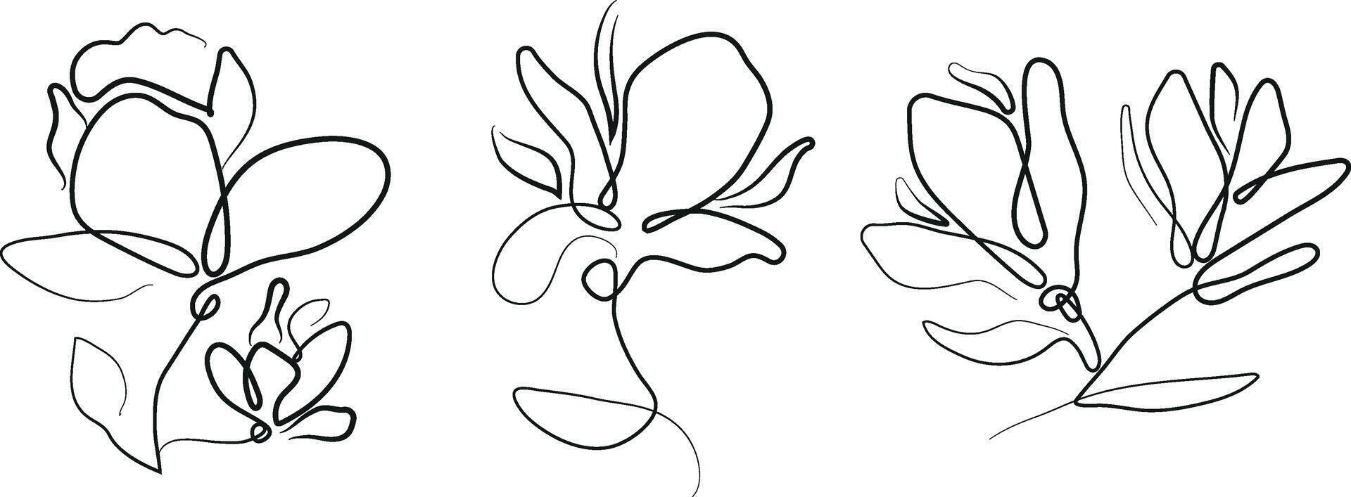 set of simple icons of various magnolia flower buds in line art style drawn with a black outline, for tattoos, logos or other designs vector