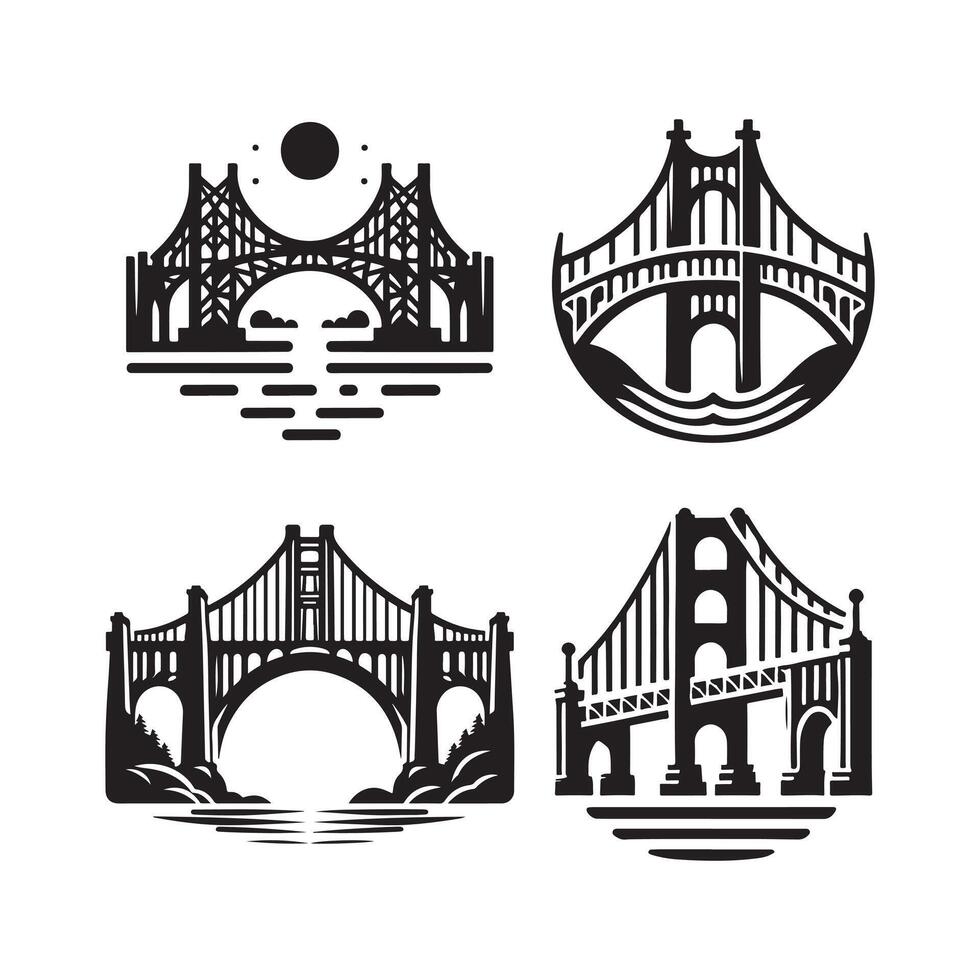 Black and White Cantilever Bridge Silhouette vector