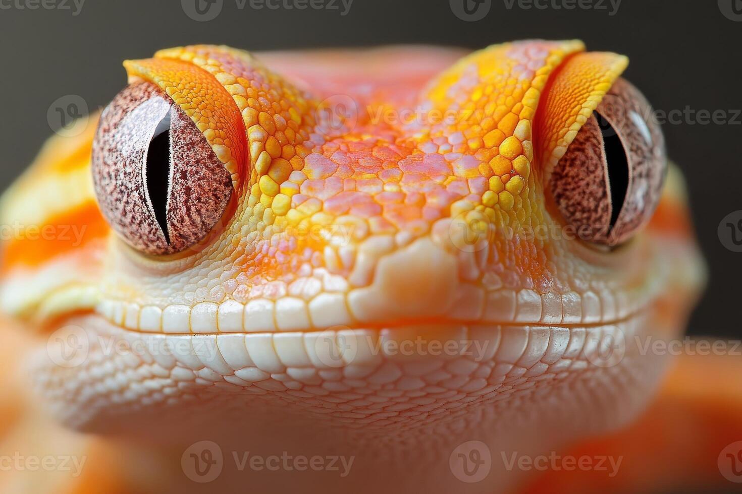 A close up of a lizard's face with orange and white stripes photo