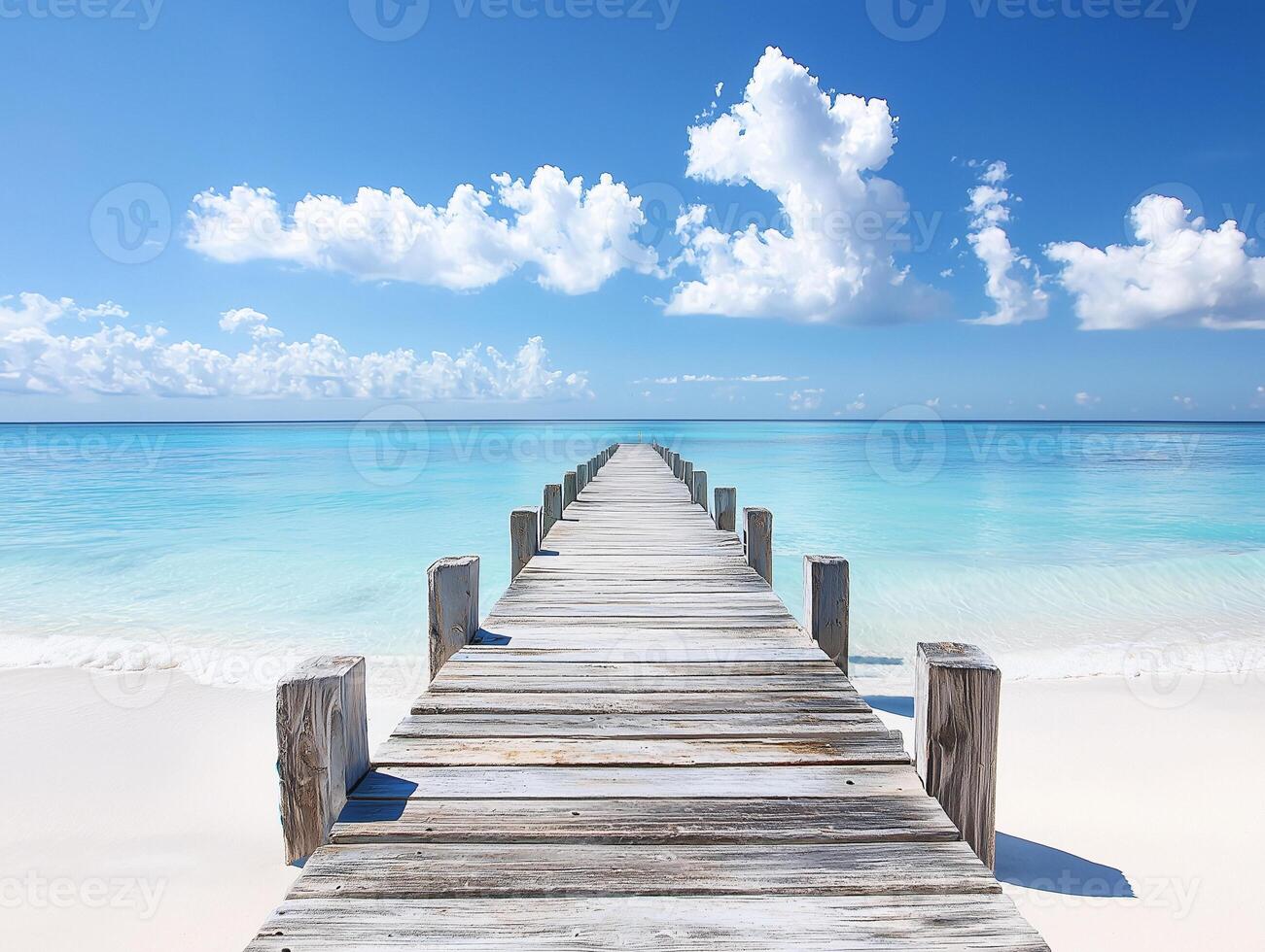 Wooden Pier Extending into a Turquoise Sea under a Blue Sky photo