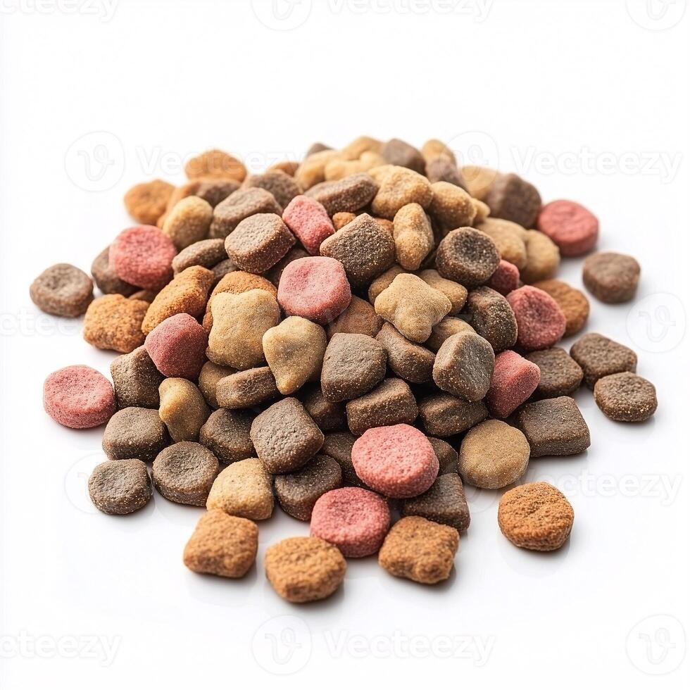 Pile of Multicolored Dry Cat or Dog Food on White Background photo