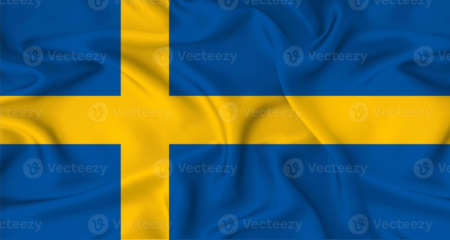 Realistic Sweden flag waving. Close up of flag of Sweden with cloth texture photo