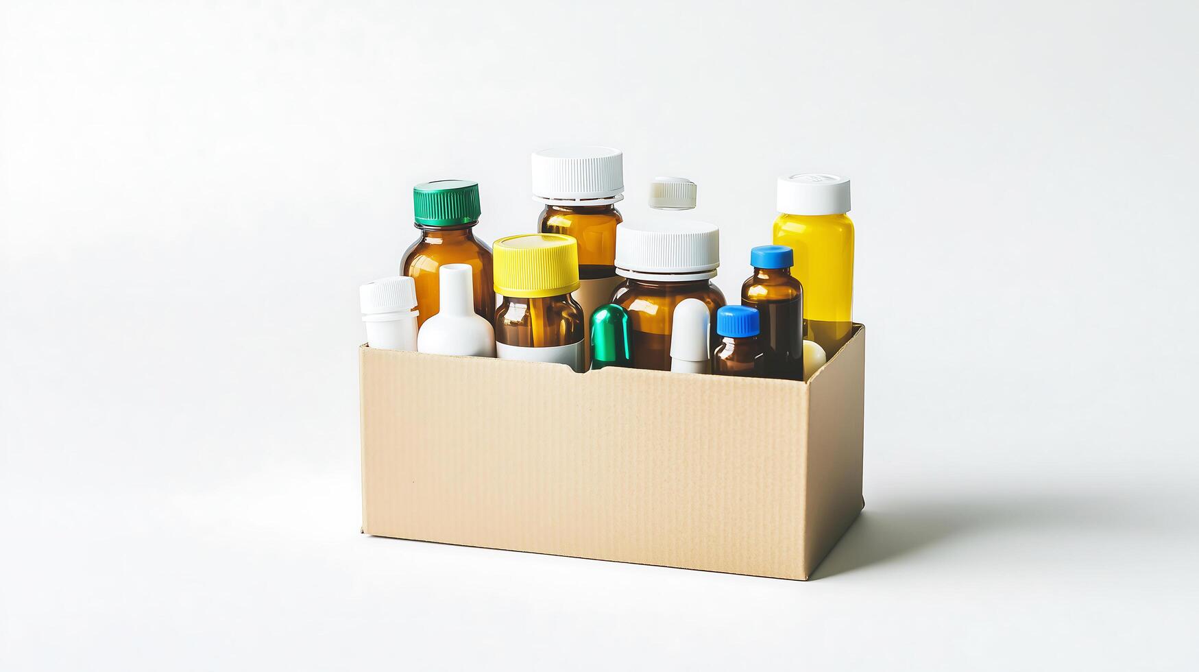 a cardboard box filled with various bottles and other items photo