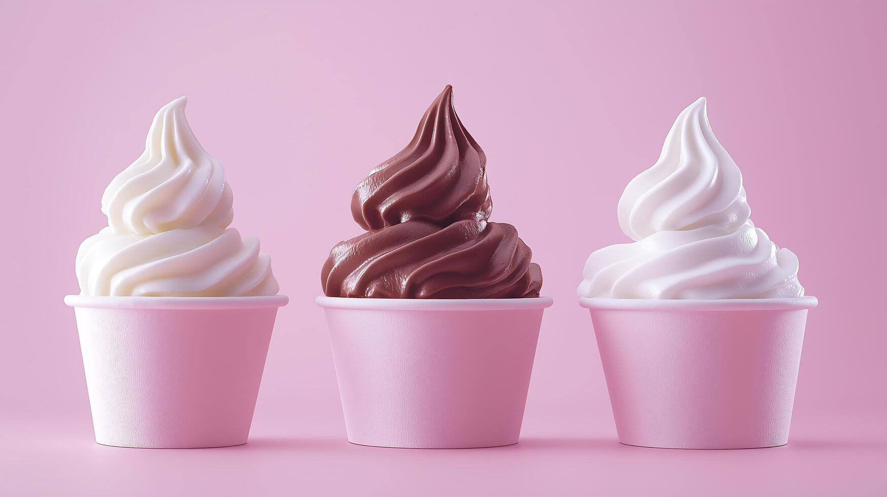 three different ice cream cups with chocolate and vanilla toppings photo