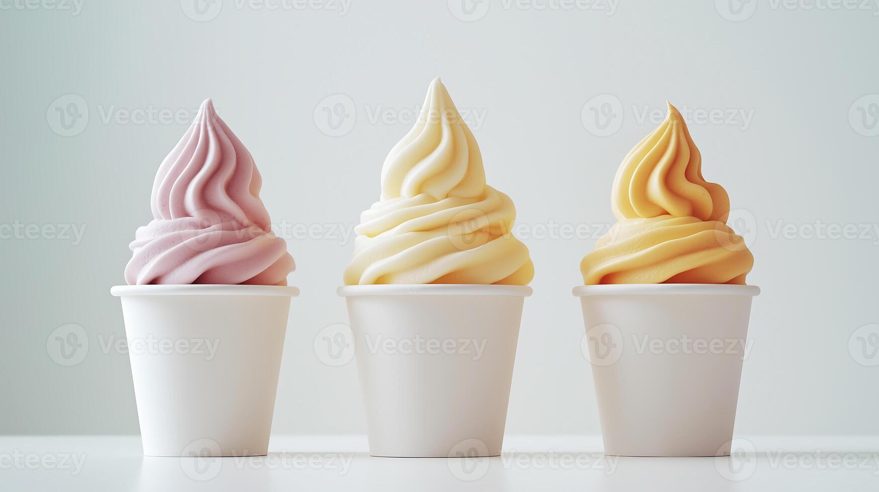 three different colored ice cream in white cups photo