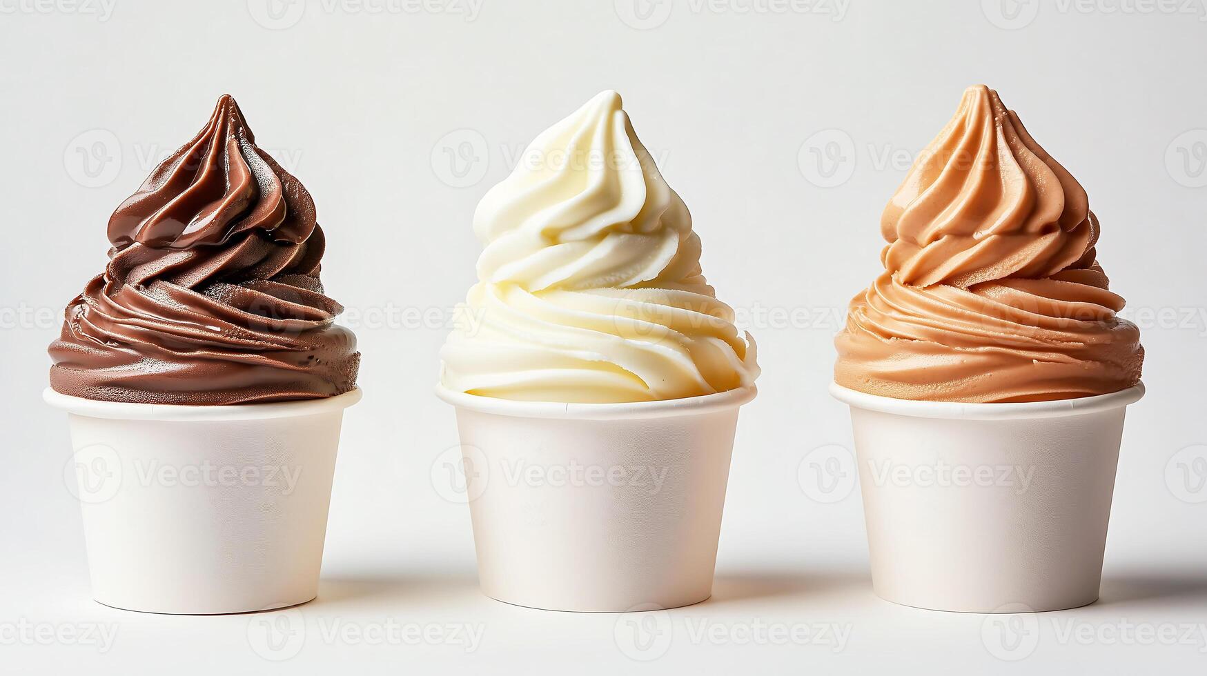 three different ice cream sundaes in white cups photo