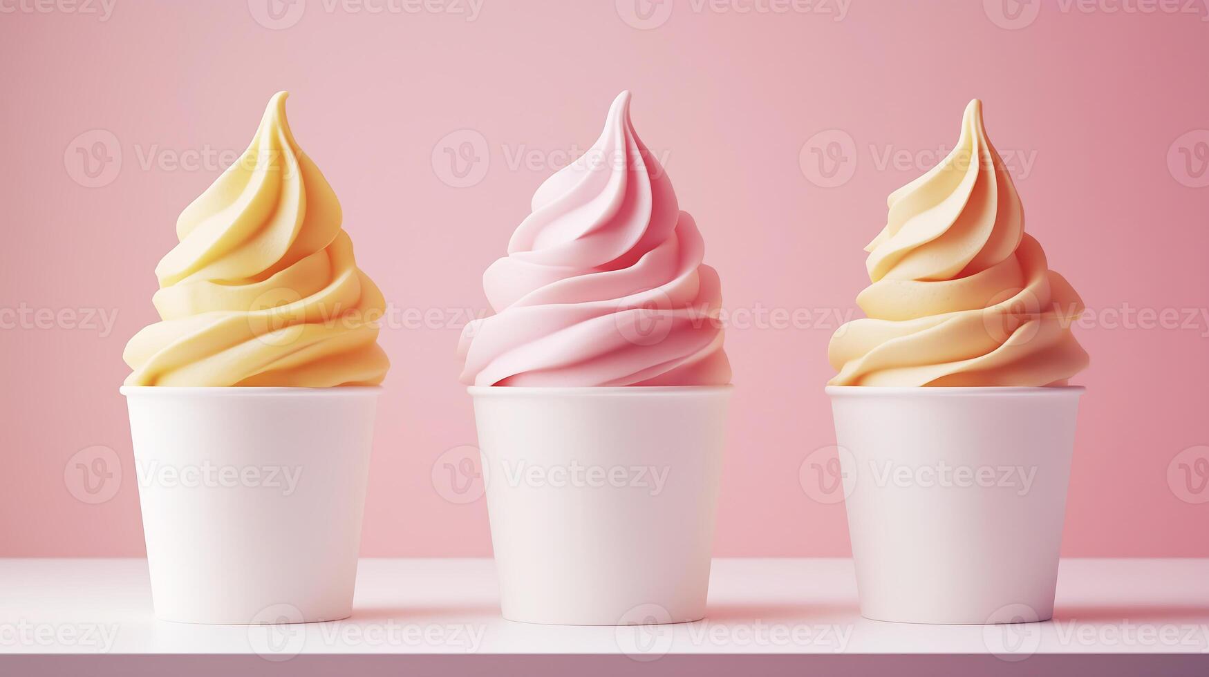 three ice cream cups with different colors on a pink background photo