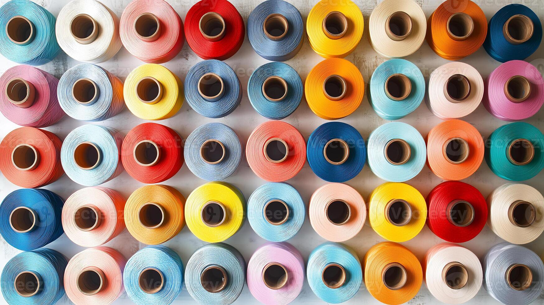 many different colored spools of thread are arranged in a row photo