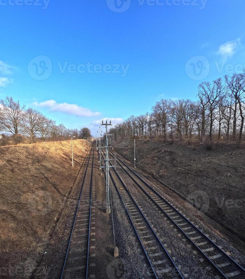 Multi-track railway. Railway tracks, aerial view. Poland photo