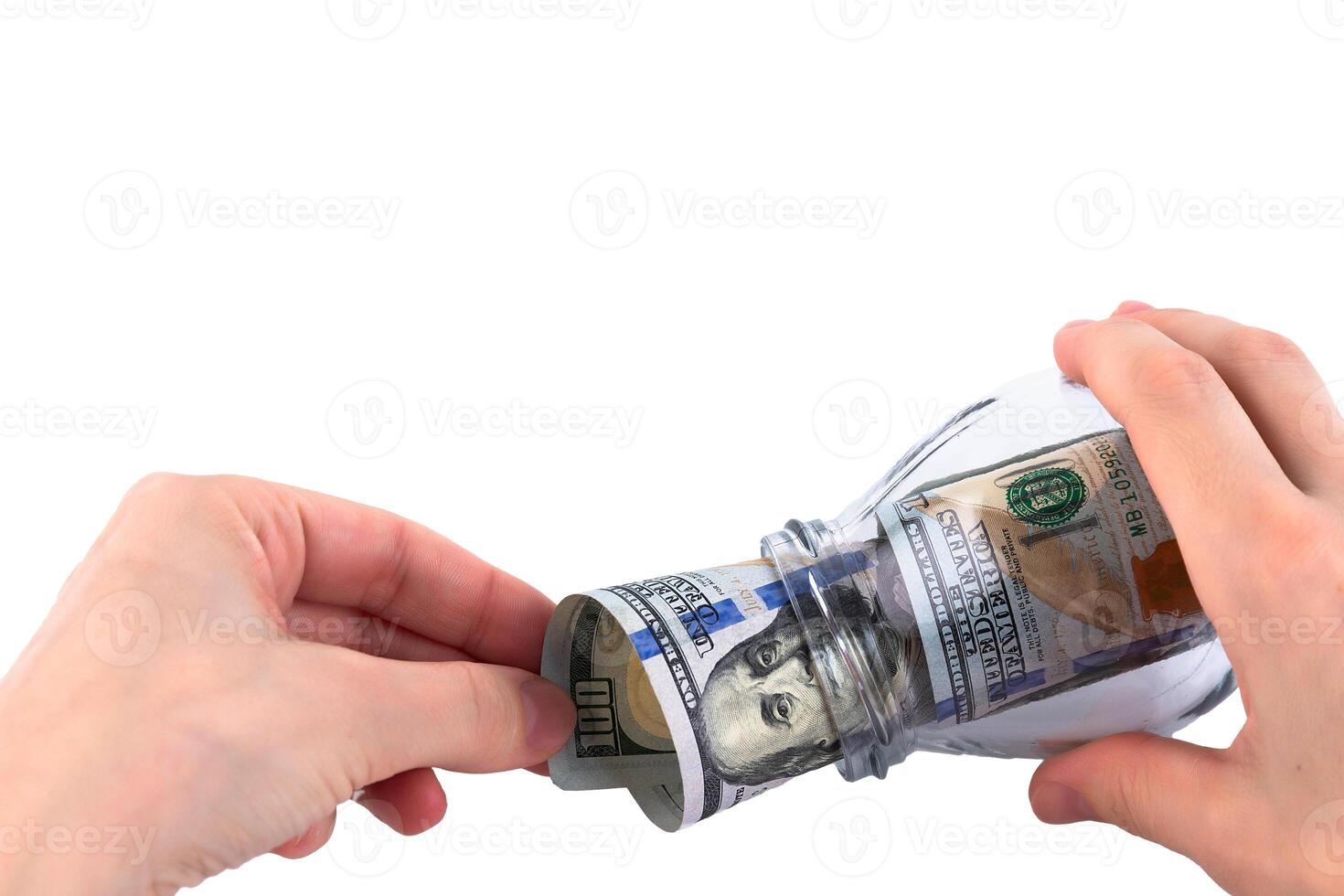 Money in a glass jar. Bank deposit, insurance savings pension. White background. Copy space photo