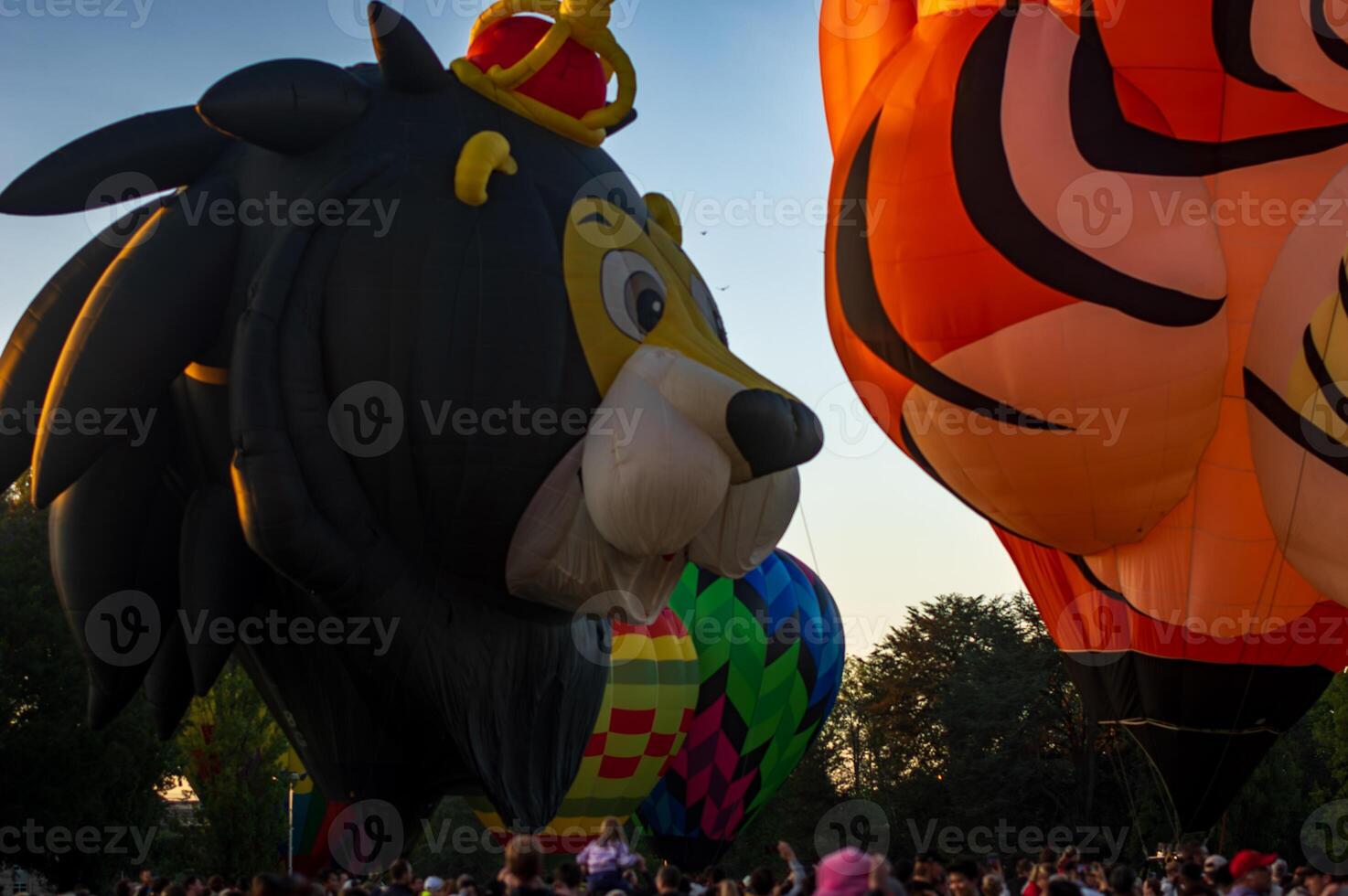 Lion and tiger hot air balloons with other balloons in background photo