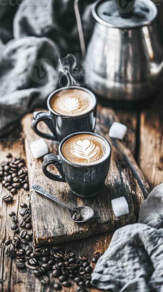 Classic espresso shot with latte art in ceramic mug on rustic wooden board photo