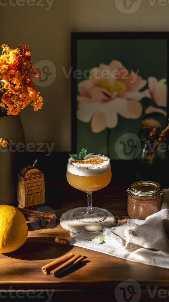 Autumn spiced cocktail in vintage coupe glass on rustic table setting photo