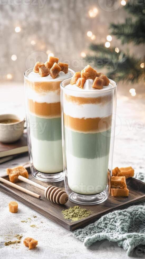 Festive multi-layered holiday drink with cream and caramel toppings photo