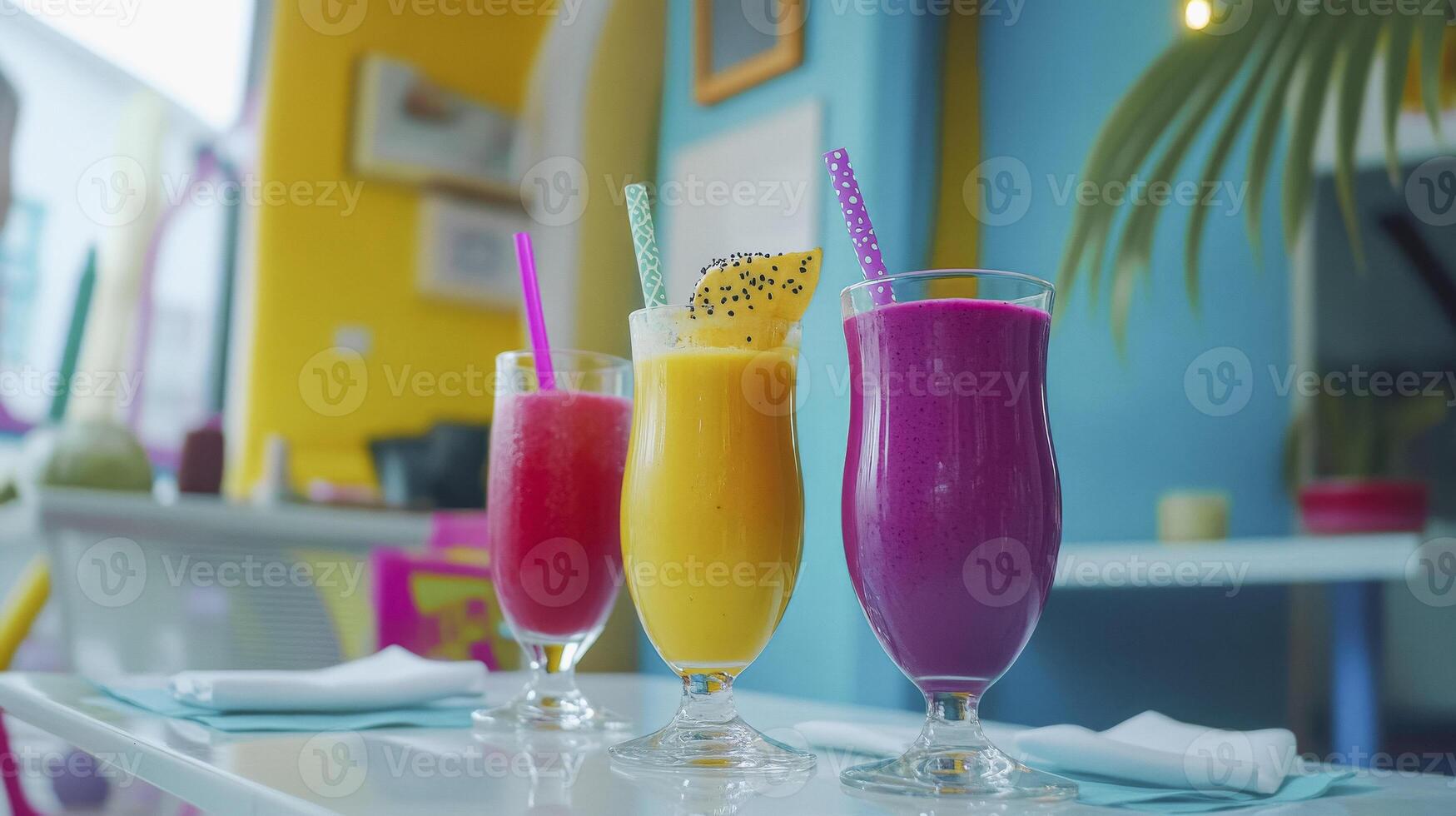 Vibrant tropical drink trio in colorful cafe setting photo