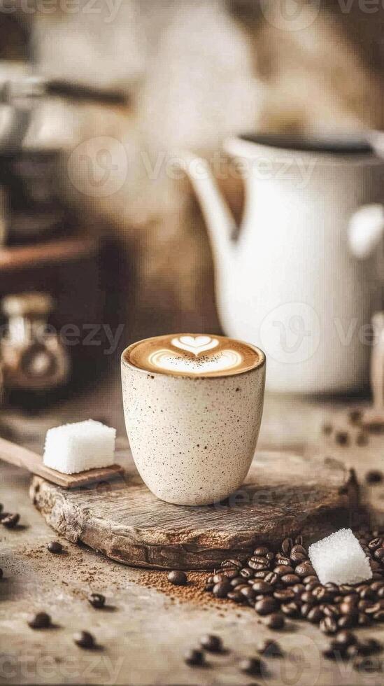 Classic espresso shot in rustic setting with coffee beans and sugar cubes photo