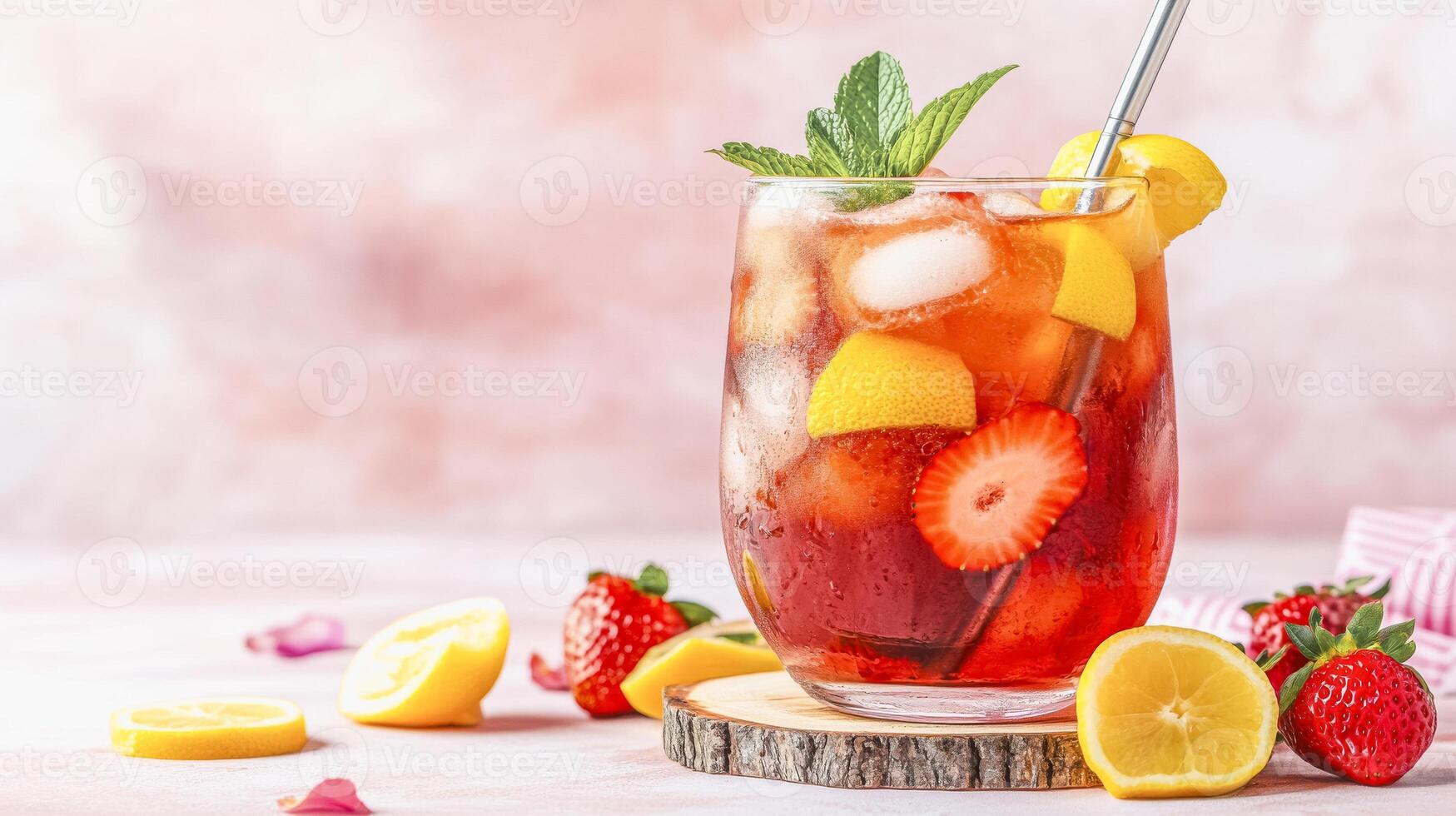 Refreshing summer strawberry lemonade with ice and fresh mint garnish photo
