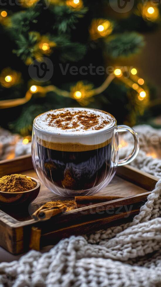 Cozy winter scene with frothy turmeric latte, cinnamon, and warm lighting photo
