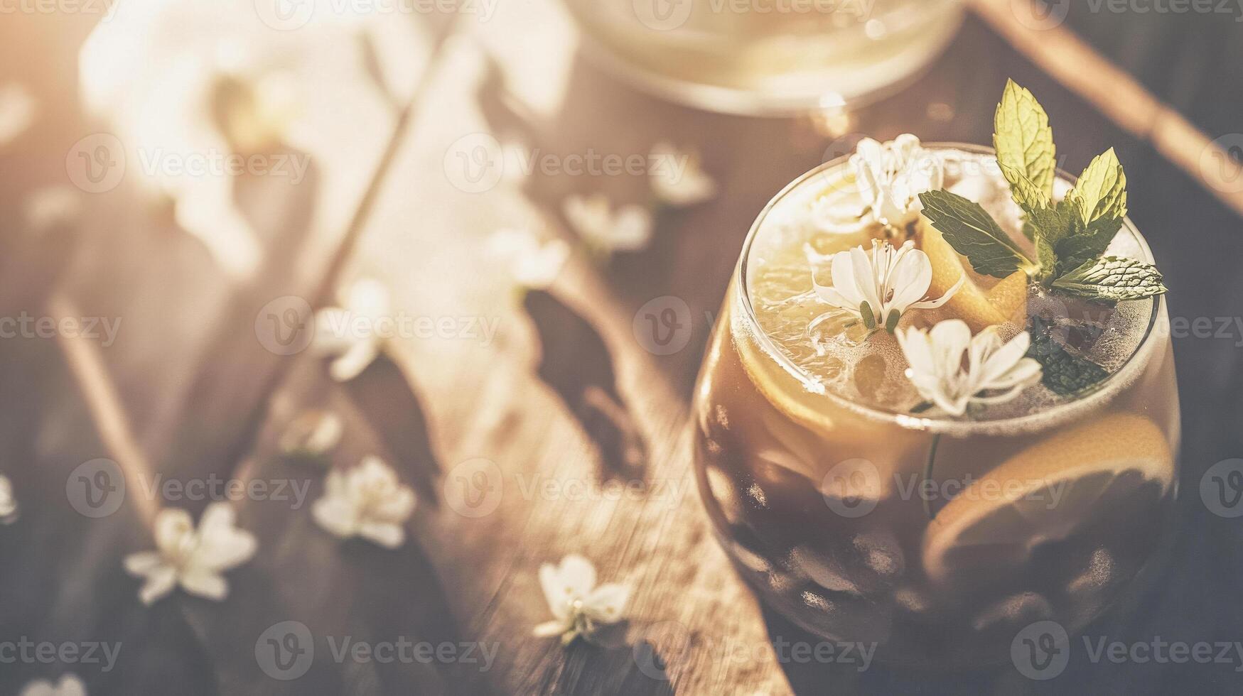 Refreshing elderflower lemonade with mint and lemon slices in sunlit setting photo