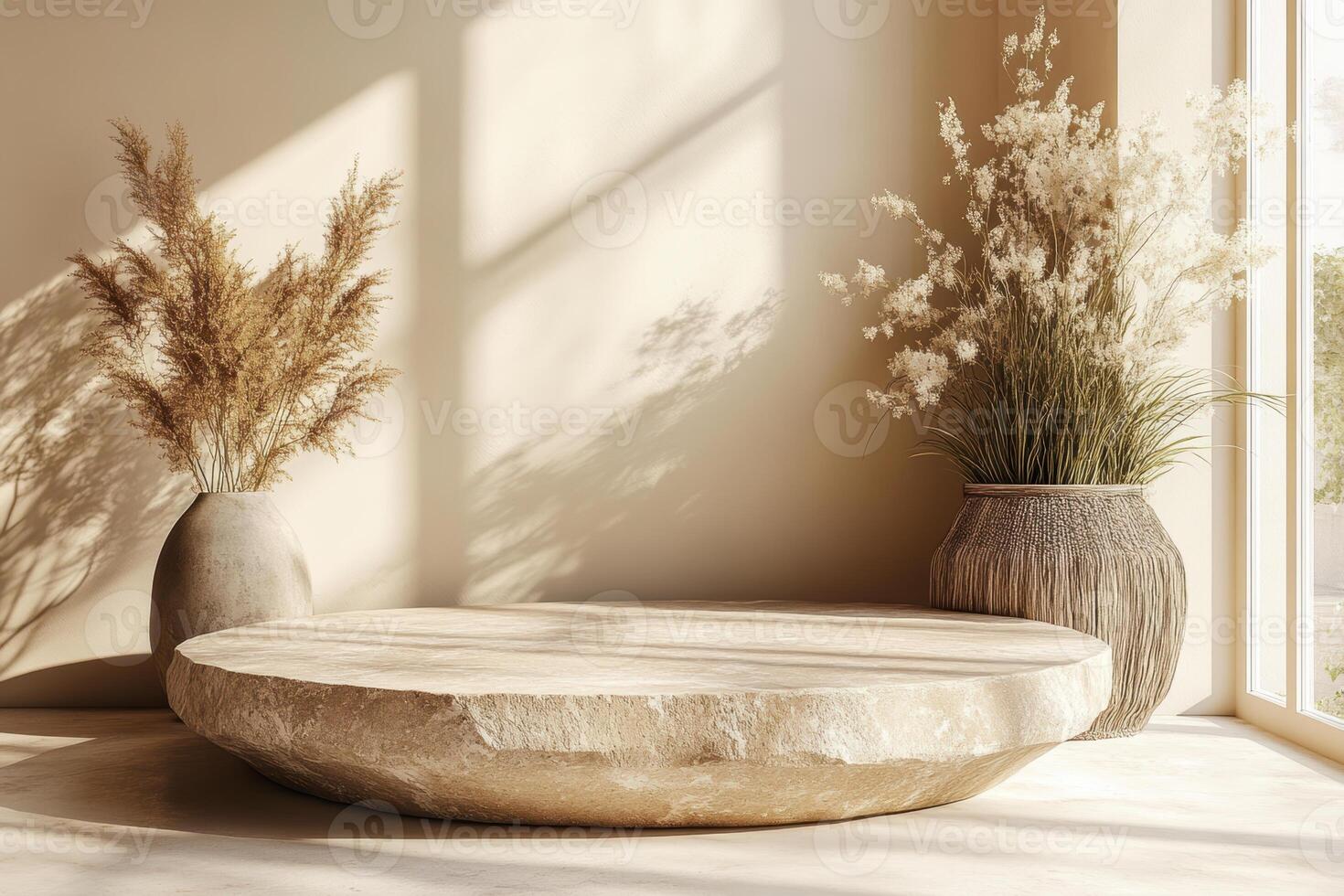 Rustic stone table with decorative vases and dried pampas grass in sunlit room photo