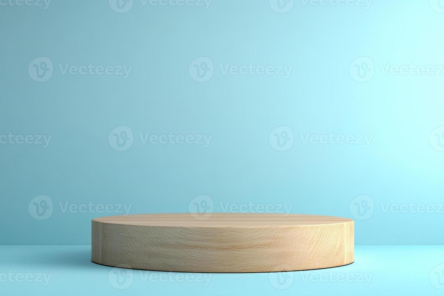 Wooden circular pedestal on simple light blue background. photo