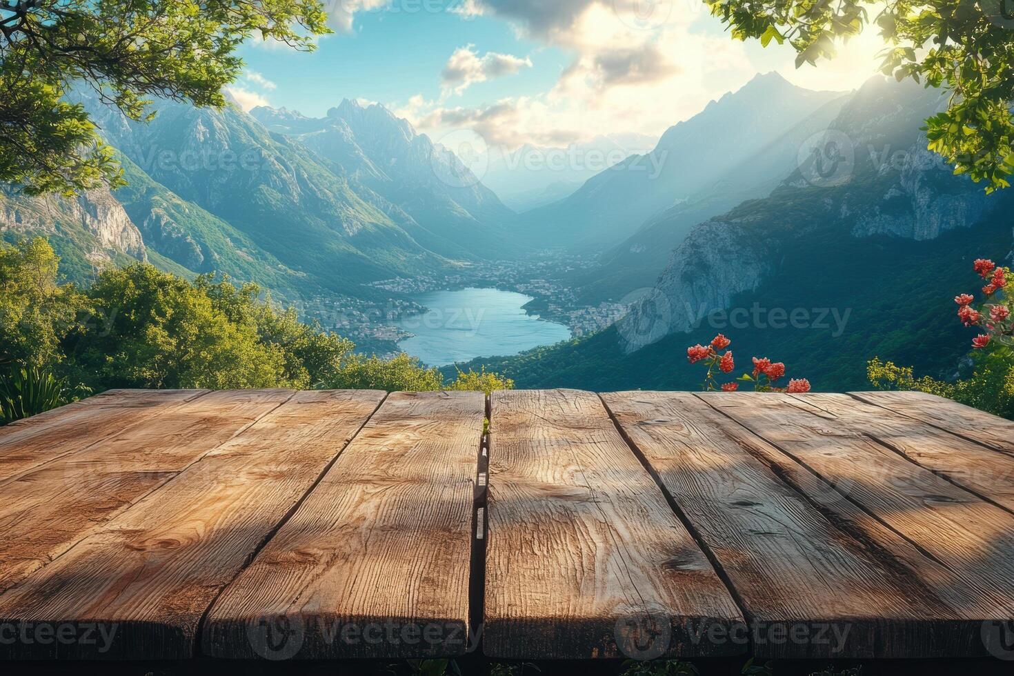 Wooden podium, mountain lake vista overlooking forested hills and blooming flowers. photo