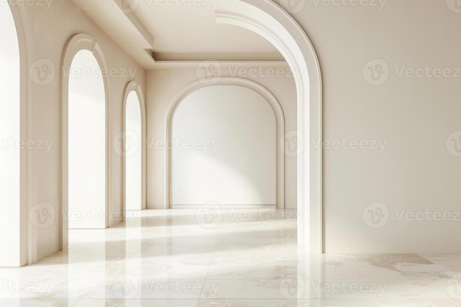 Elegant minimalist interior with sunlit arches and marble floors. Room in beige colors photo