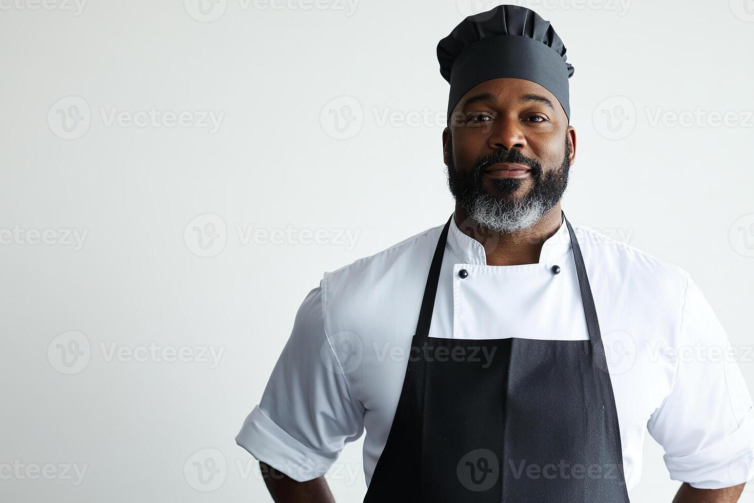 Confident male chef in uniform with apron and black hat smiling. photo