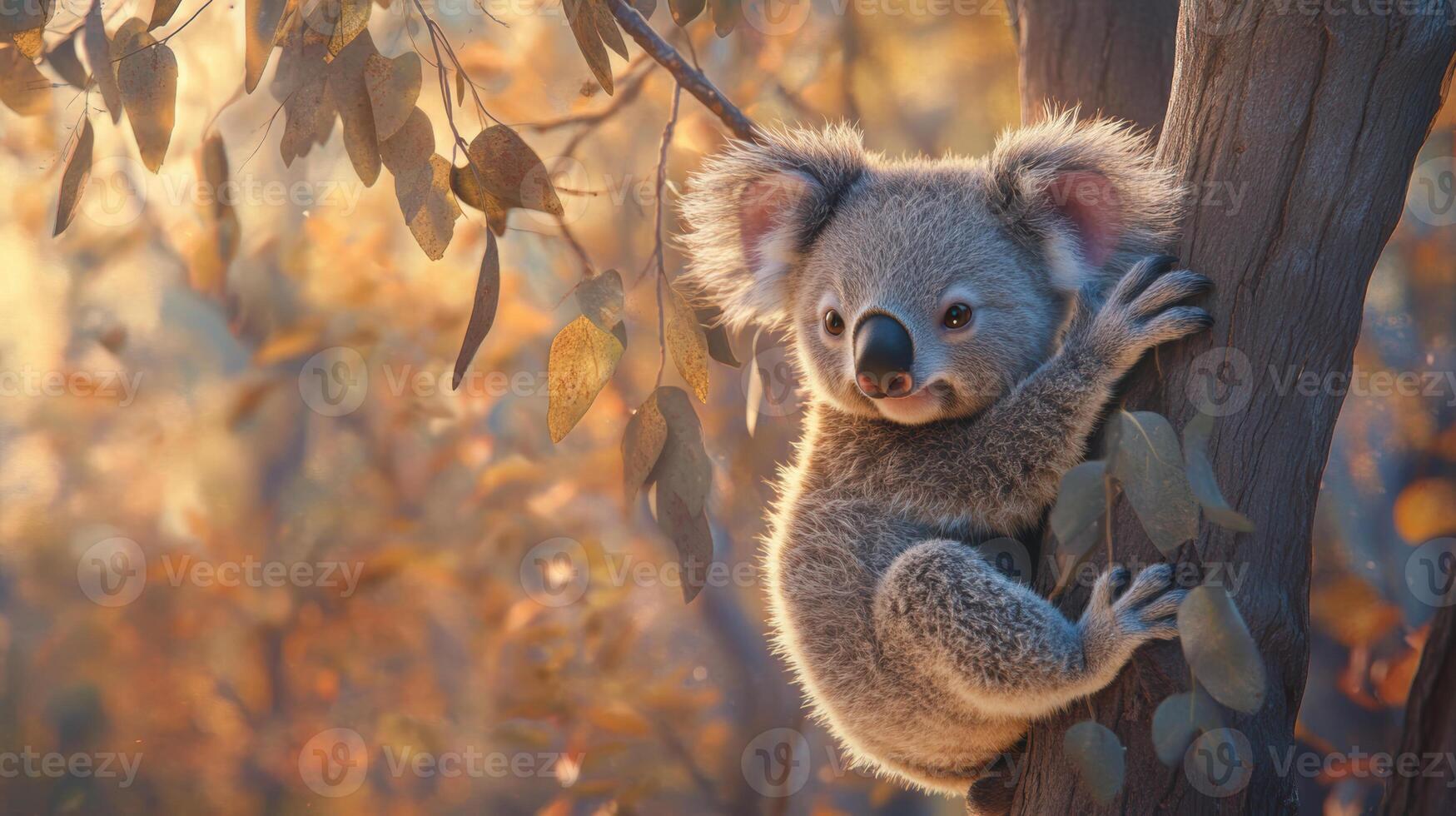 Cute koala climbing tree in sunlit forest photo