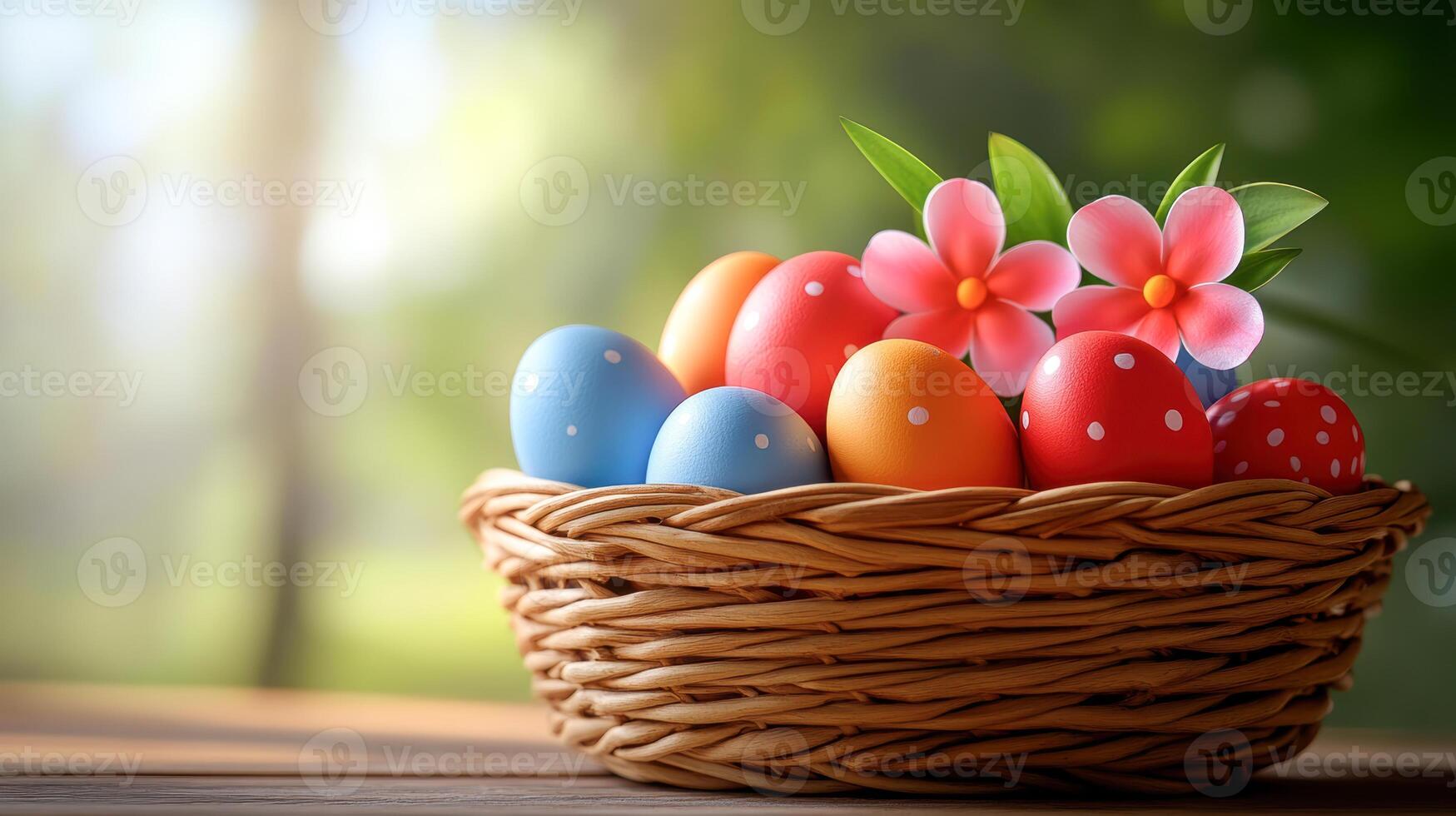 Colorful Easter eggs in woven basket with flowers on sunny day. photo