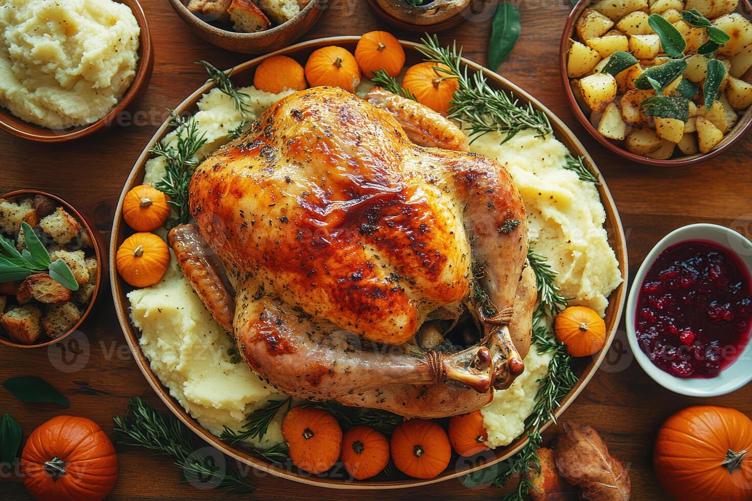 Thanksgiving roasted turkey with mashed potatoes and cranberry sauce. Top view photo