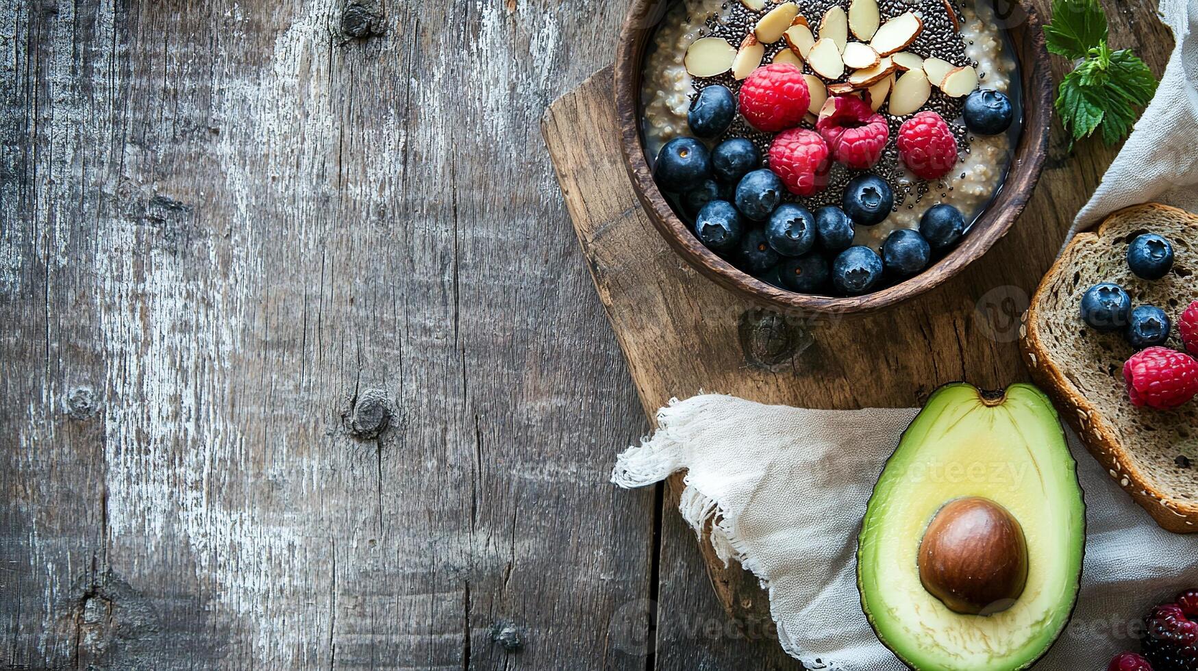 Healthy breakfast bowl with fresh berries, avocado, and almonds on rustic table. Flat lay, copy space photo