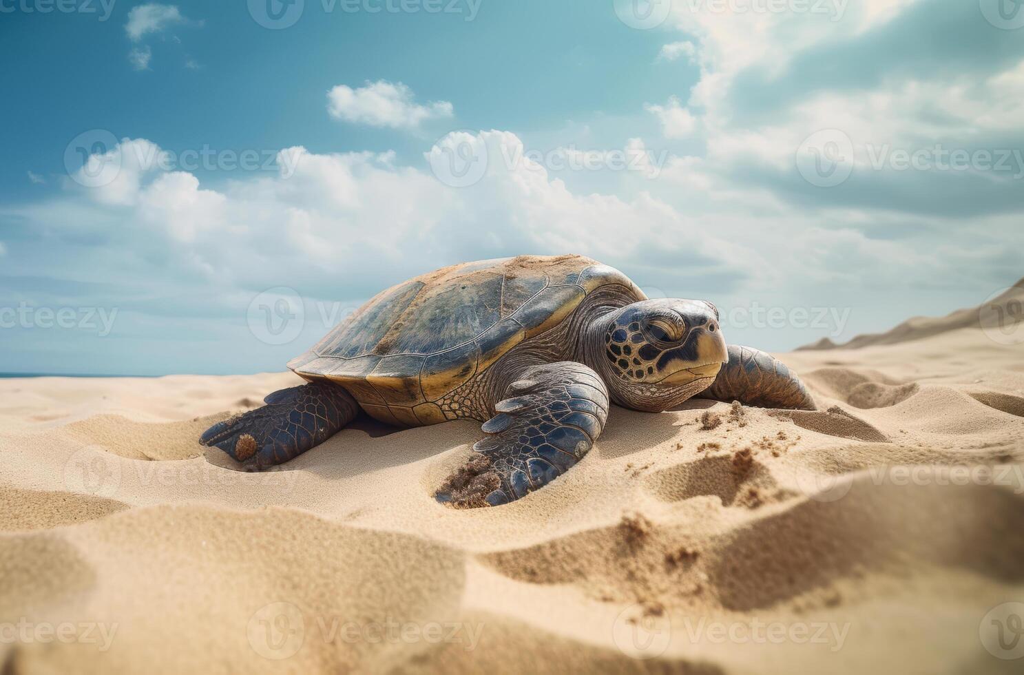 Sea turtle resting on sandy beach under clear blue sky with fluffy clouds. photo