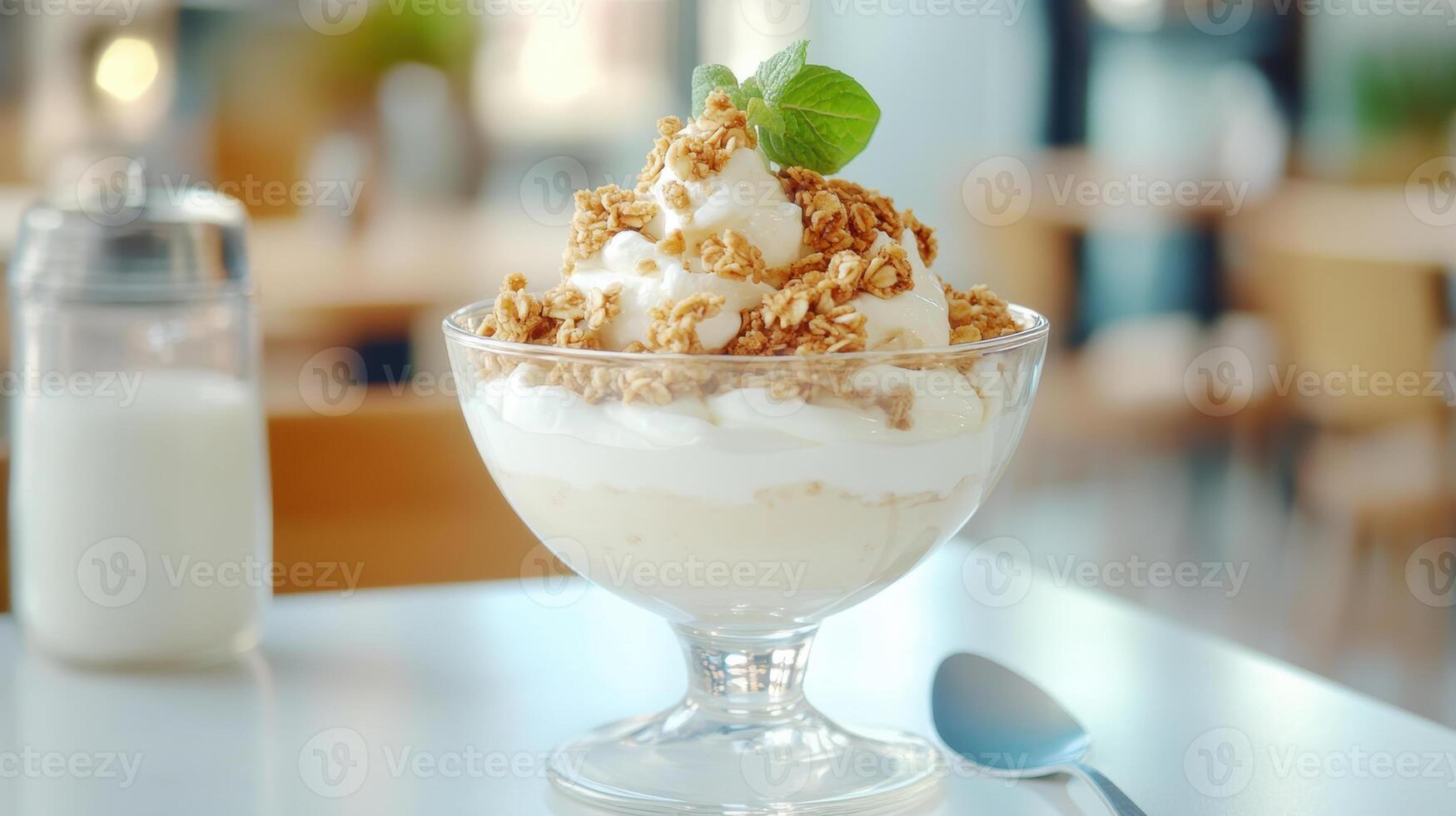 Yogurt parfait with granola and mint garnish in a glass dish on table. photo