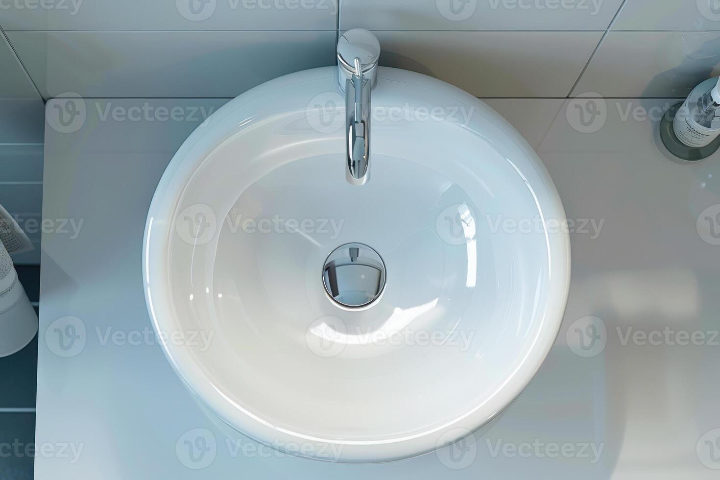 Modern round bathroom sink with chrome faucet in minimalist design. Top view photo