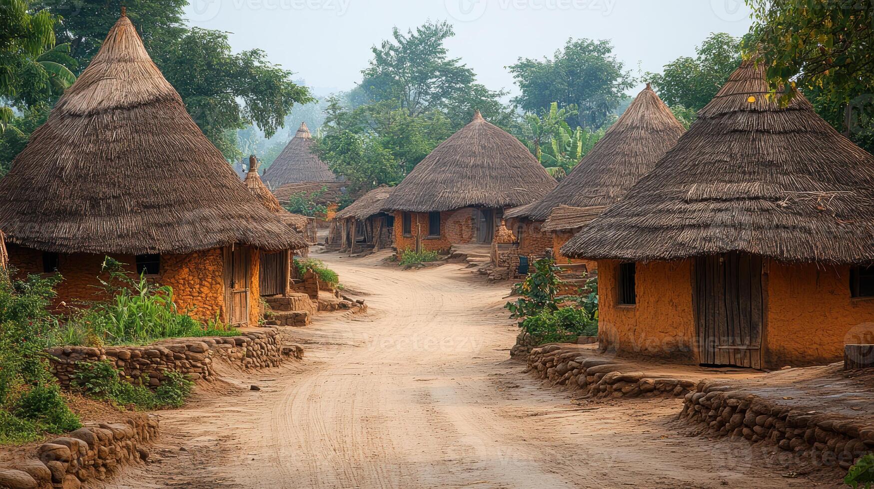 Traditional African village with thatched huts and dirt pathway surrounded by lush greenery. photo