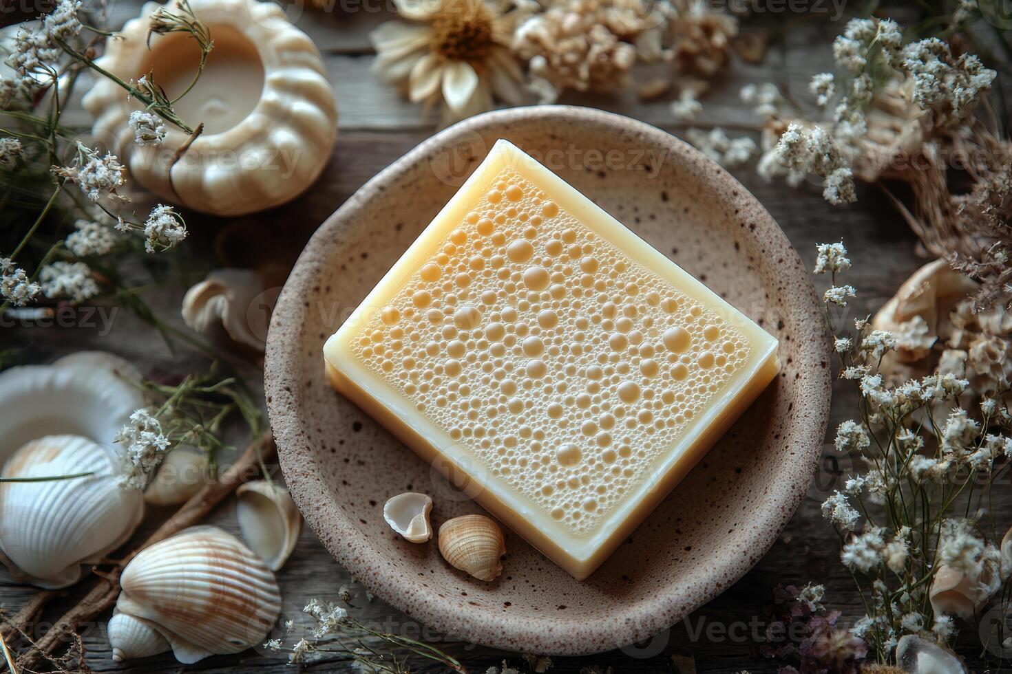 Natural soap bar with dried herbs and shell, top view photo