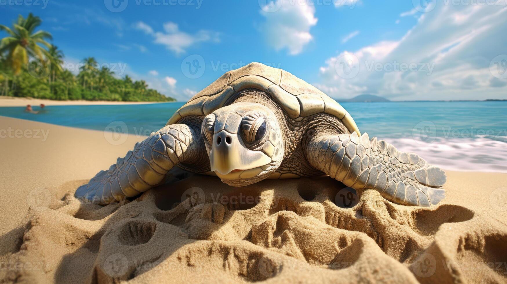 Sea turtle on sandy beach with tropical ocean and blue sky background photo
