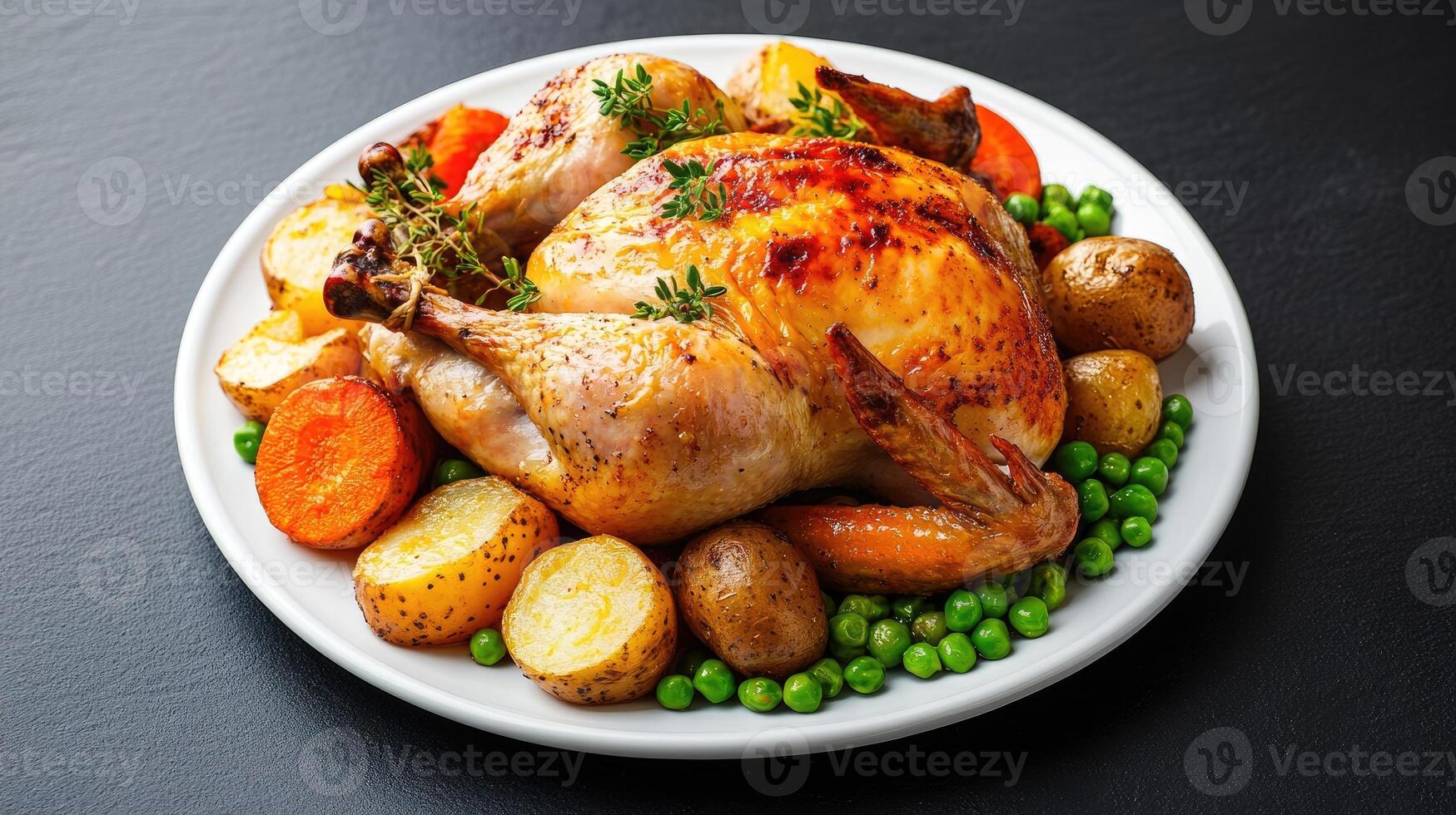 Juicy roast chicken served with fresh vegetables and herbs on a white plate. photo