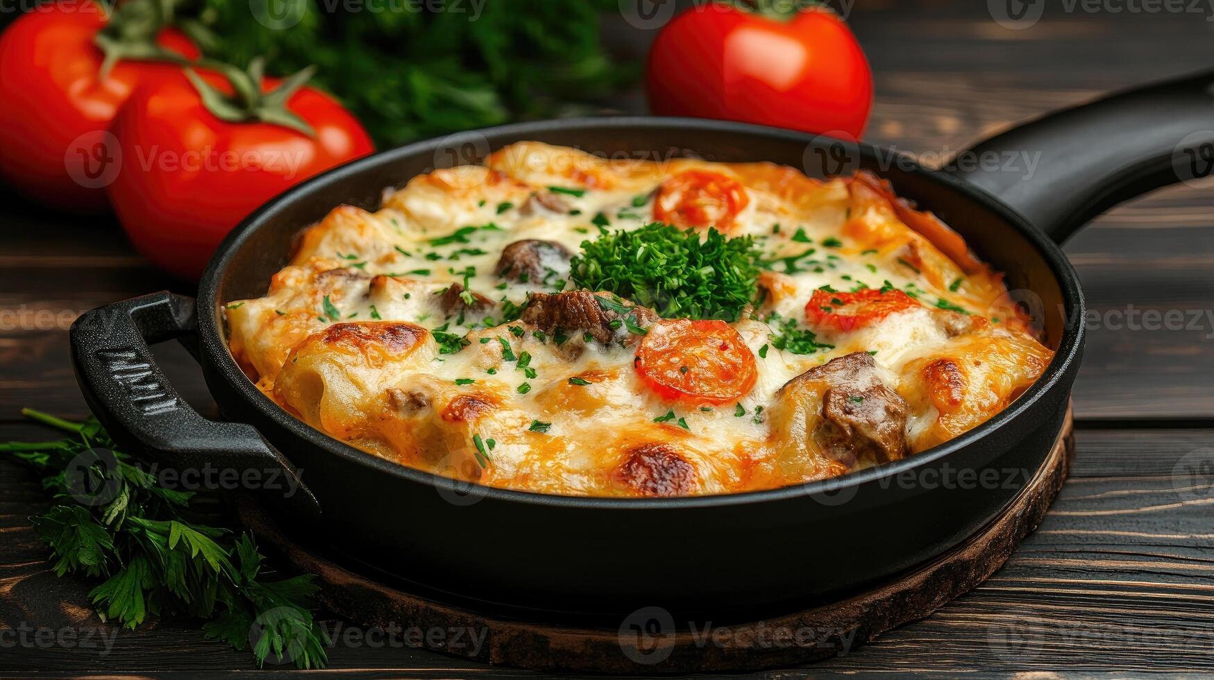 Delicious baked dish with cheese, tomatoes, and herbs in a skillet on a wooden table. photo