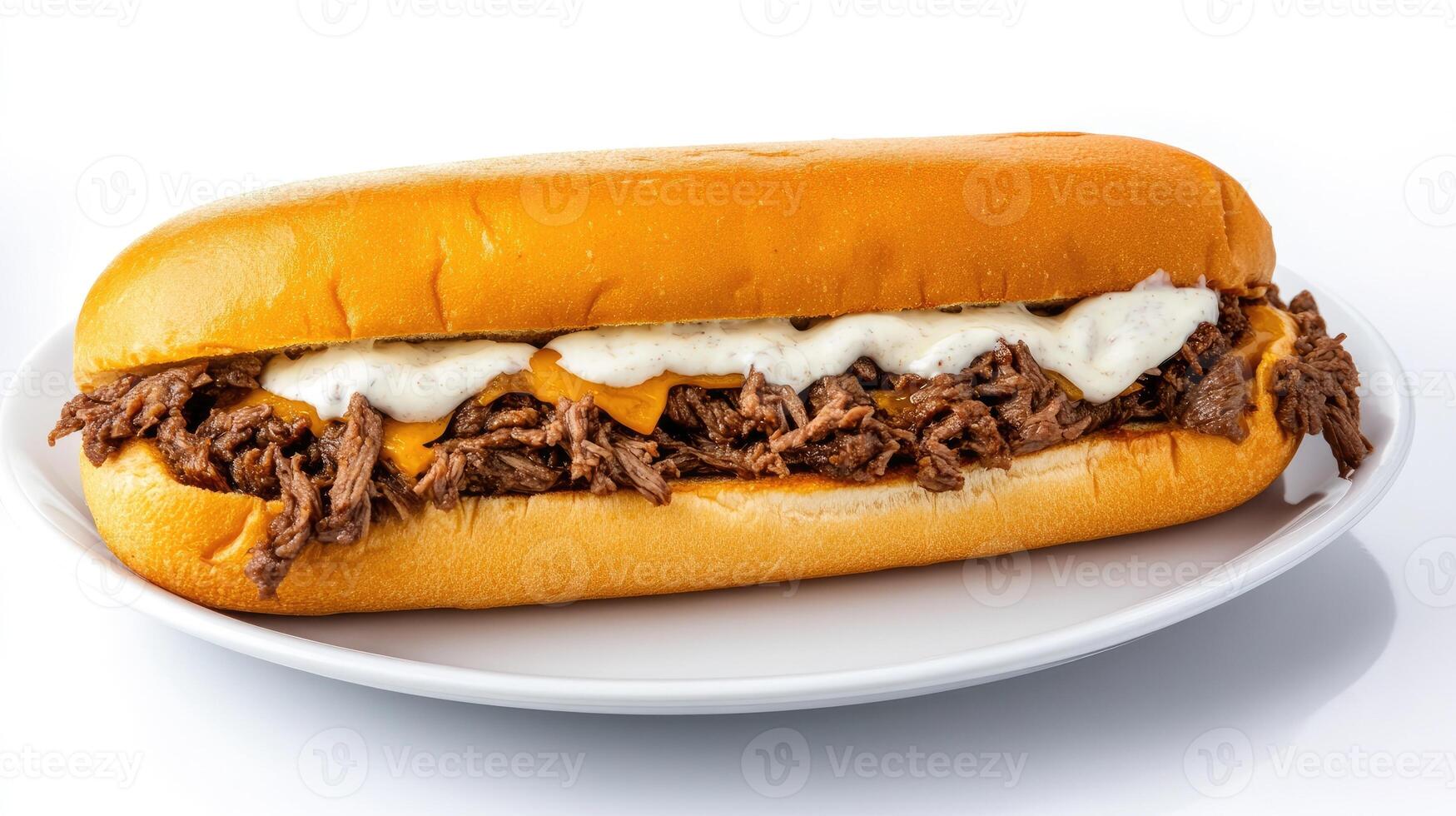 Delicious sandwich filled with juicy shredded beef and creamy cheese on a fresh bun. photo