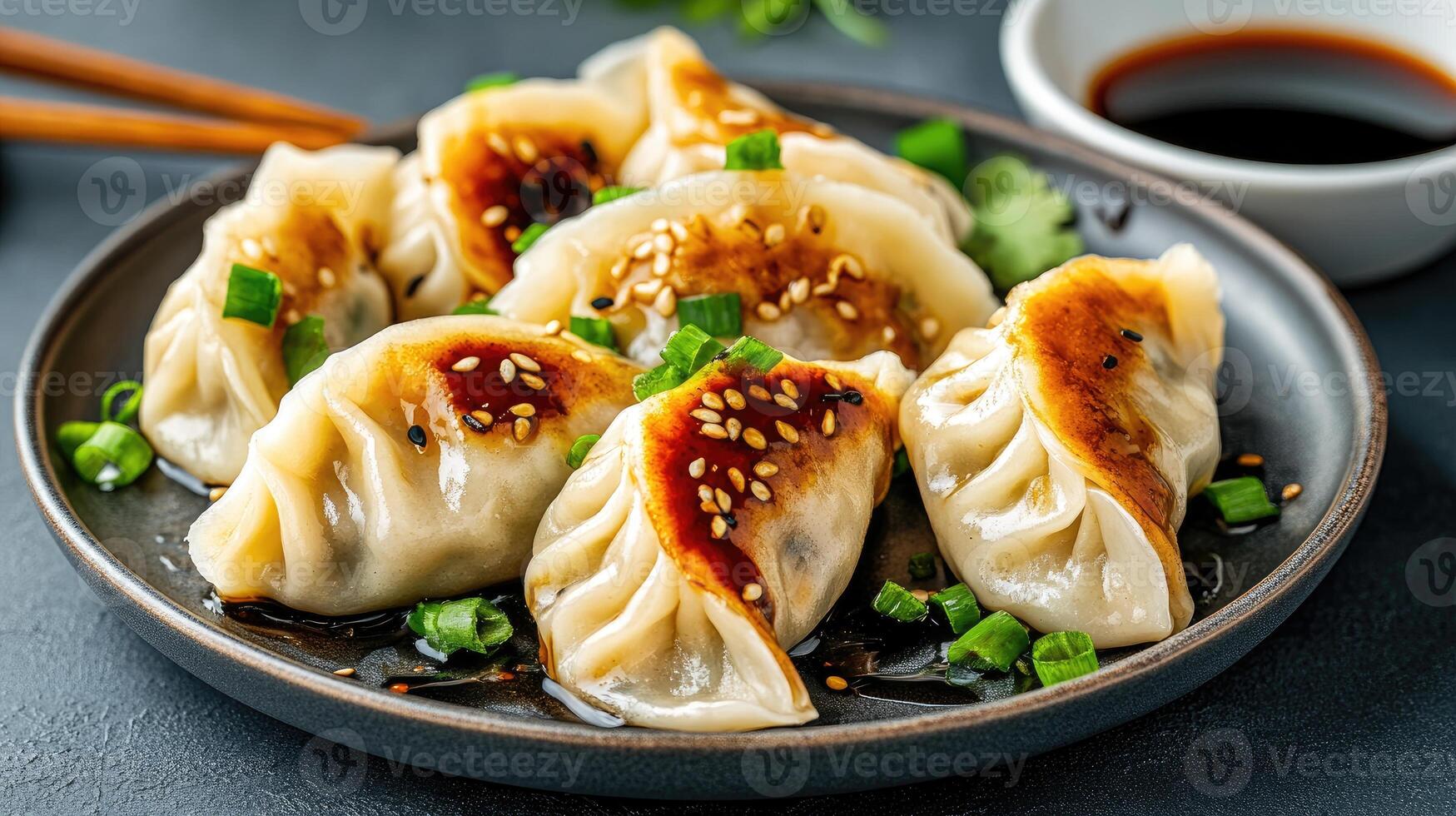 Delicious dumplings served with soy sauce and garnished with green onions. photo