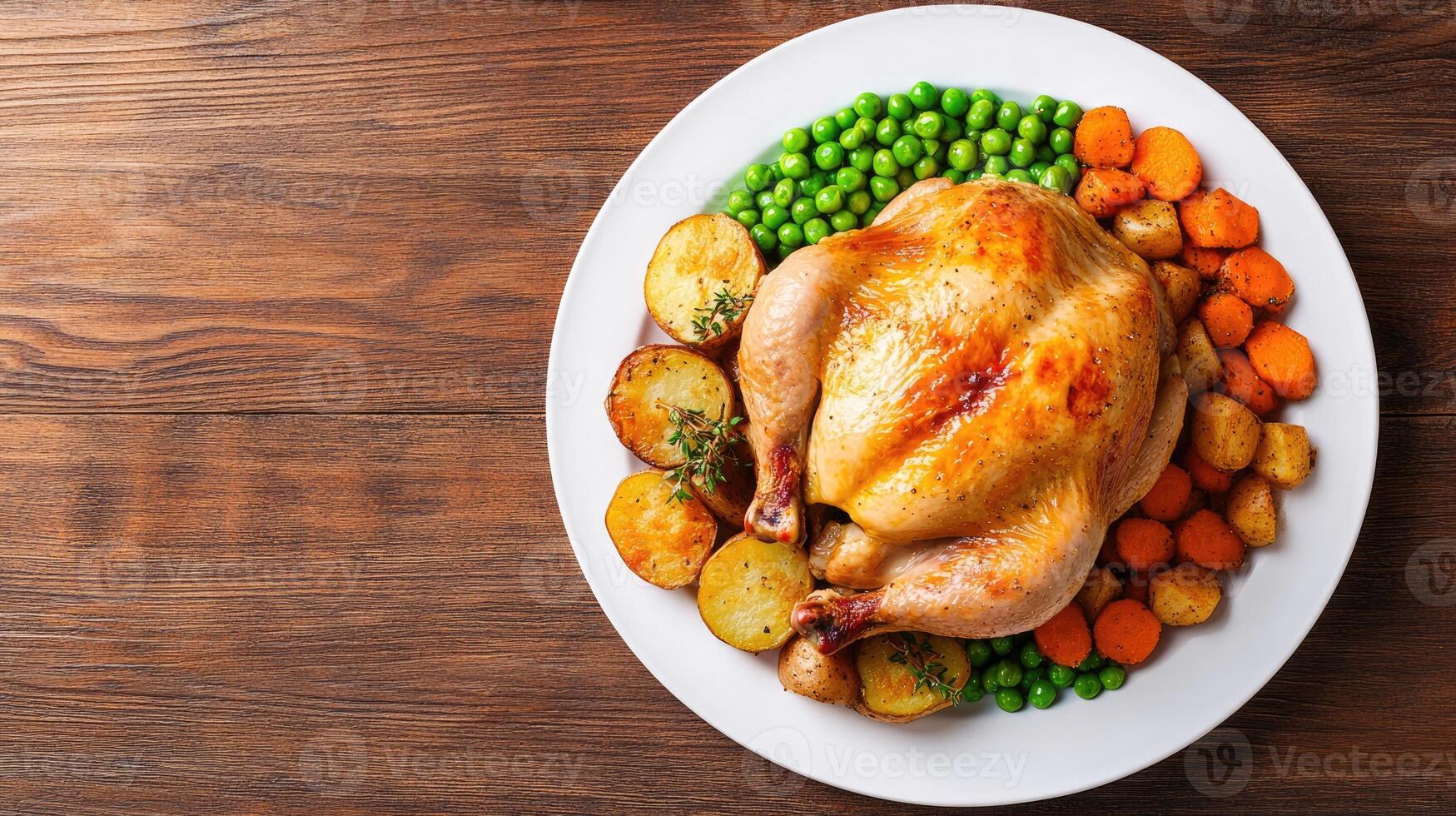 A delicious roasted chicken served with colorful vegetables on a wooden table. photo
