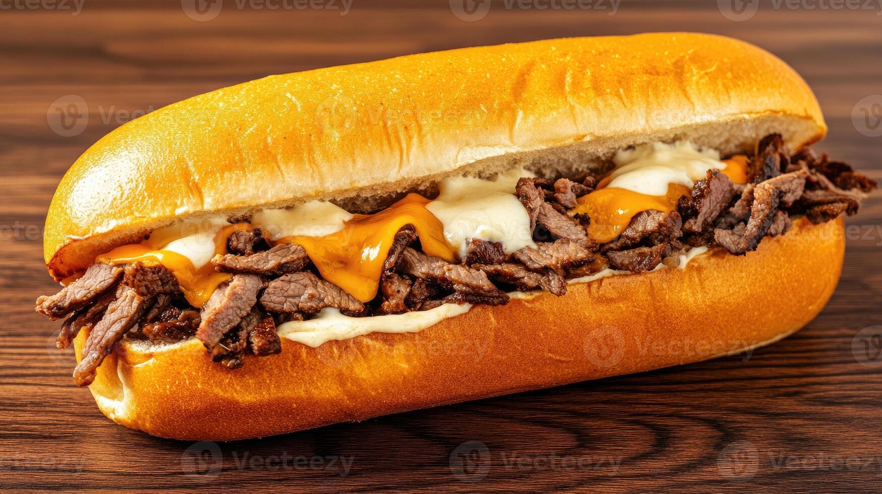 A delicious cheesesteak sandwich filled with tender beef and melted cheese. photo