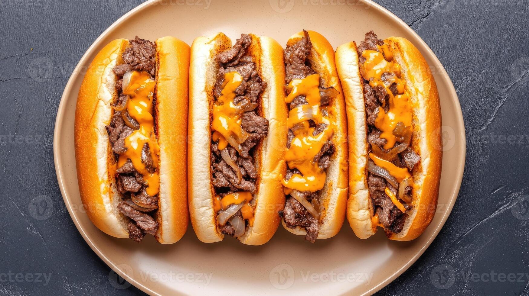 Delicious loaded hot dogs topped with melted cheese and savory beef. photo