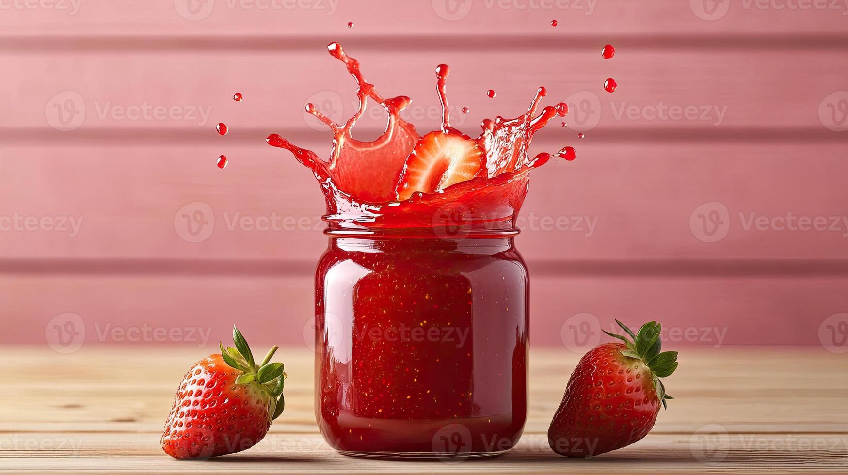 Fresh strawberry jam splashes from a glass jar surrounded by ripe strawberries. photo