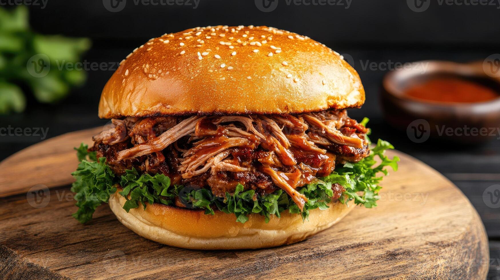 Delicious pulled pork sandwich with fresh lettuce and sesame seed bun. photo