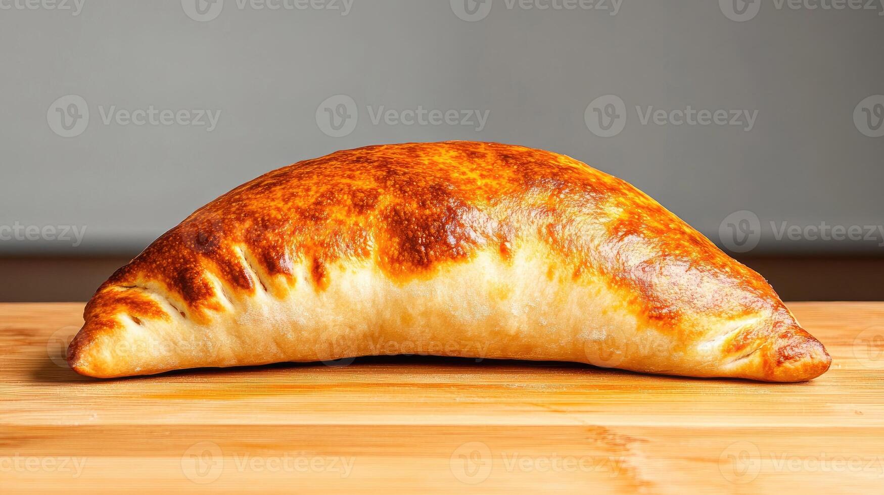 Golden-brown calzone resting on a wooden surface, perfect for culinary delights. photo