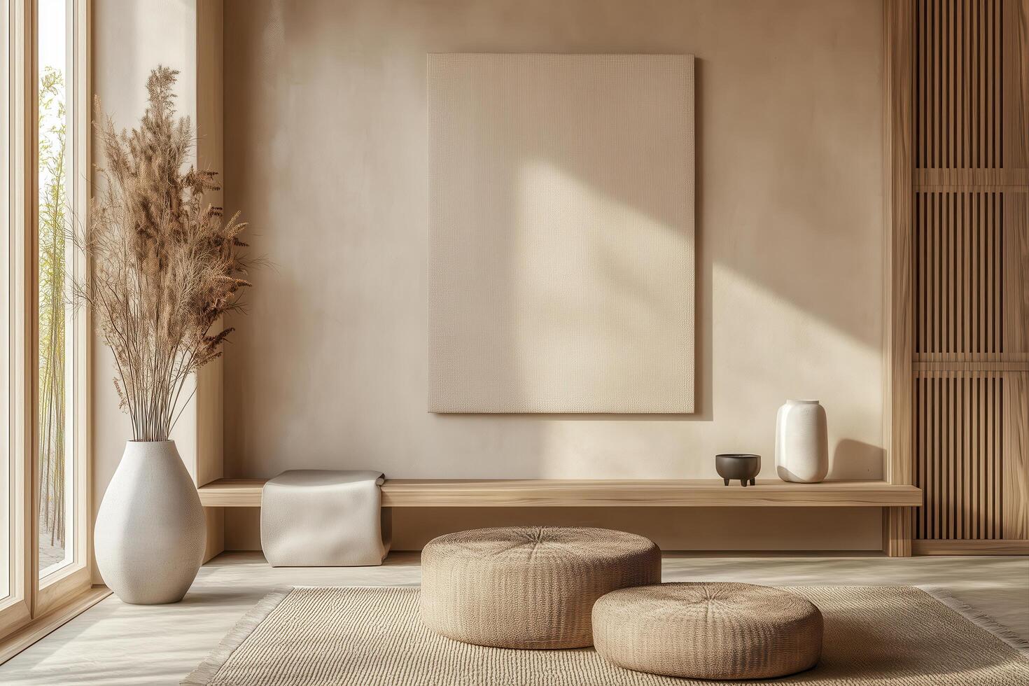 A room with a wooden bench and a vase photo
